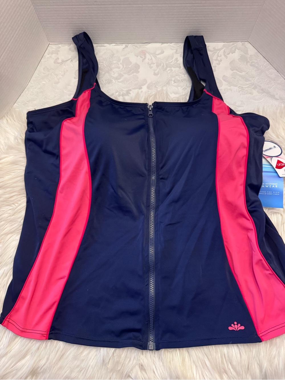 Aqua belle Swimsuits For All 26W Colorblock Navy Blue Pink Full Zip Tankini New - Picture 4 of 15